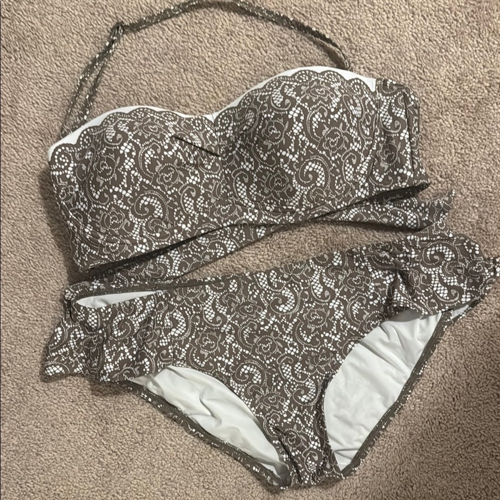 Dkny Brown and White Lace Bikini Set